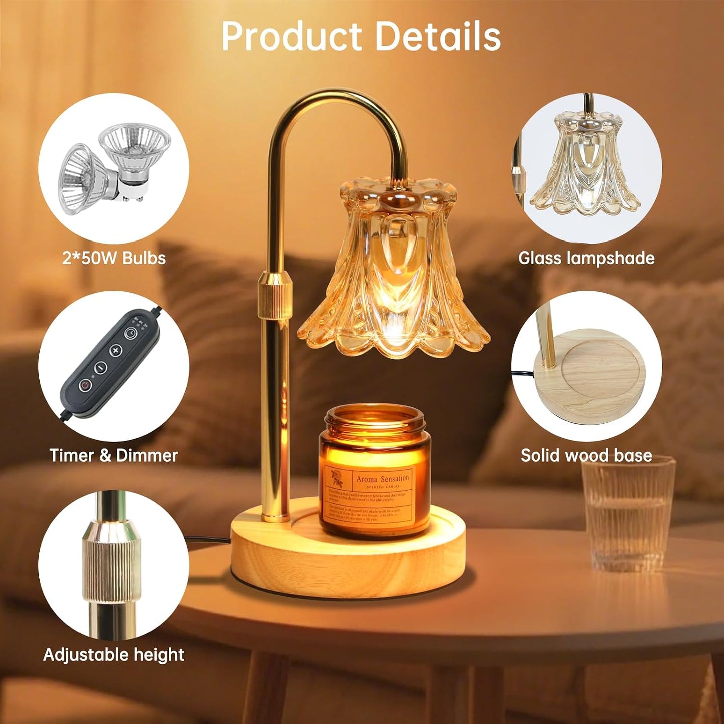 Fragrance Candle Warmer Lamp with 2 Bulbs Electric Candle Warmer with Timer & Dimmer for Home Decor