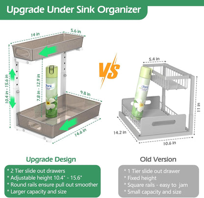 ADRIMER Under Sink Organizer 2 Packs, Pull Out Kitchen Sink Organizer, 2 Tier Slide Out Kitchen Organizers and Storage Bathroom Under Cabinet Storage Shelf, Transparent & White