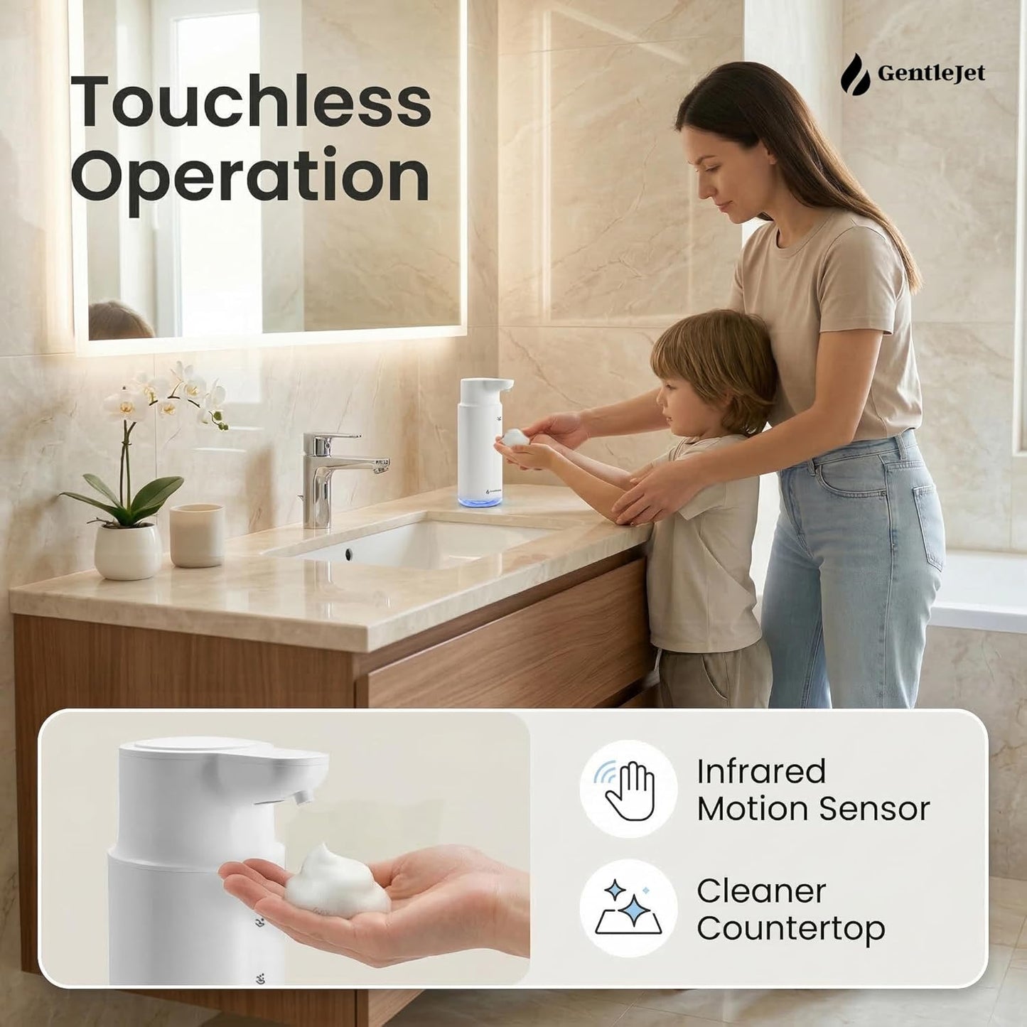 GentleJet CrystalJet Automatic Foam Soap Dispenser – Stainless Steel, Touchless Sensor, USB-C Rechargeable, Waterproof, Modern Bathroom & Kitchen Sink, 300 ml