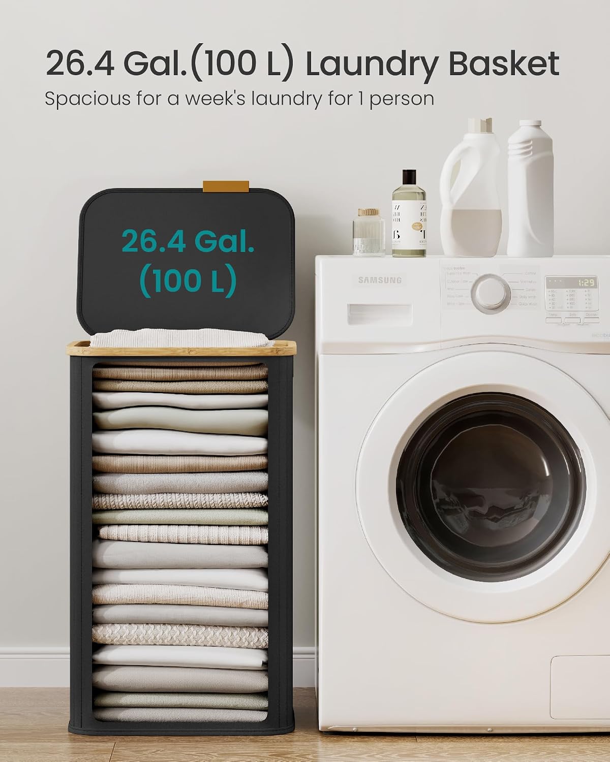 SONGMICS Laundry Hamper, Laundry Basket with Lid, Foldable Storage Basket, Bamboo Frame, for Bedroom, Living Room, Oxford Fabric, 37 Gal. (140 L), Cream White ULCB519WD01