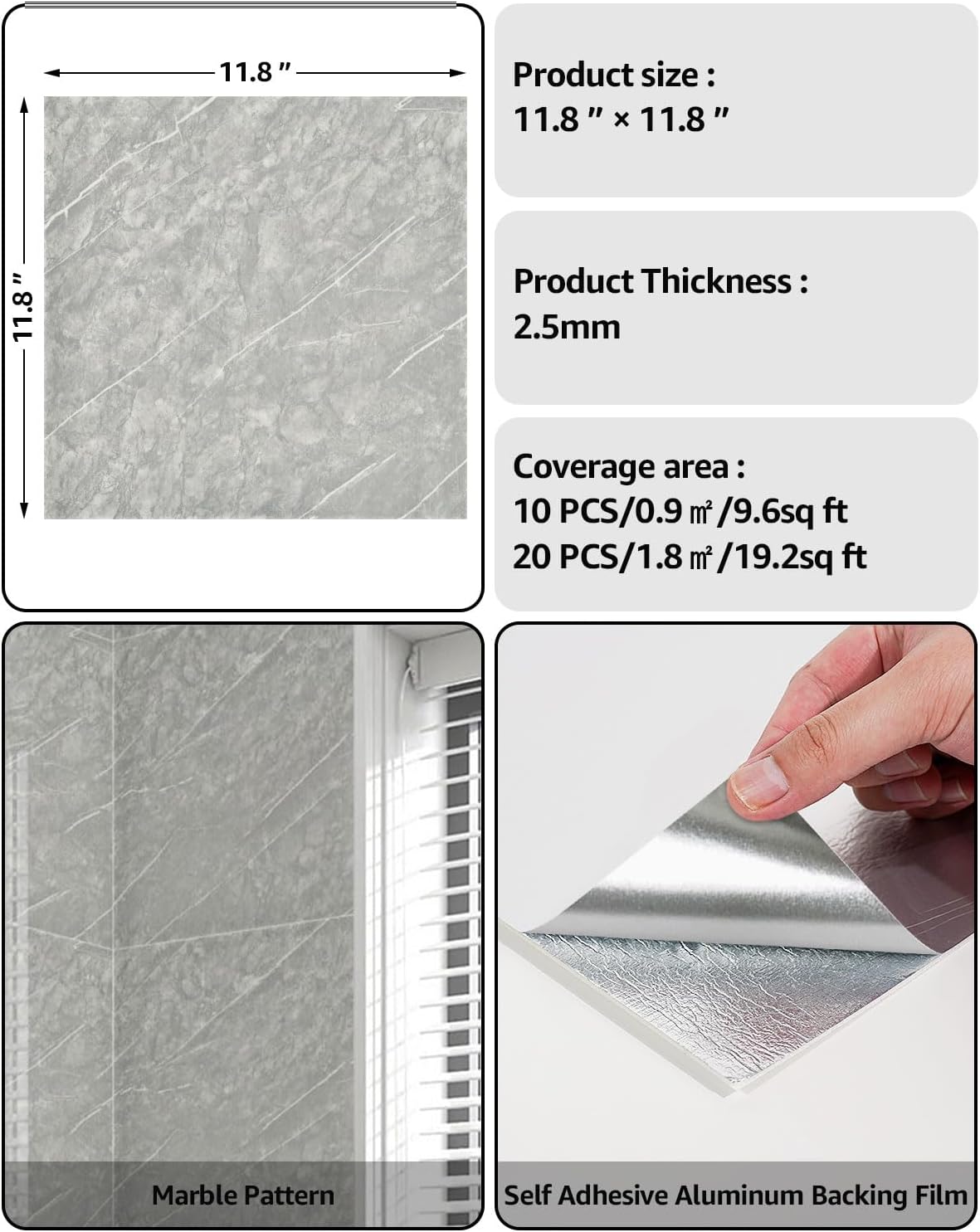 WADILE 10pcs Peel and Stick Shower Waterproof Marble Tiles Wall Panels, 11.8"x11.8" Self-Adhesive Backsplash, for Home Bathroom, Kitchen, Living Room White (Not Real Tile)