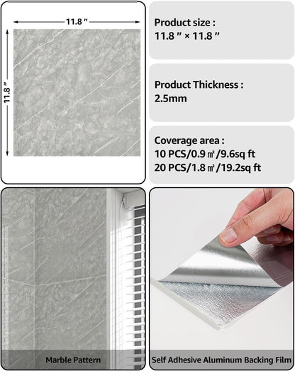 WADILE 10pcs Peel and Stick Shower Waterproof Marble Tiles Wall Panels, 11.8"x11.8" Self-Adhesive Backsplash, for Home Bathroom, Kitchen, Living Room White (Not Real Tile)