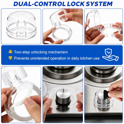 Stove Knob Safety Covers for Child (5 Pack) – Durable PC Oven Knob Covers with Dual-Button Locks & 5 Heat Alert Stickers – Childproof Gas Stove Knob Locks for Baby Safety (Transparent/White)