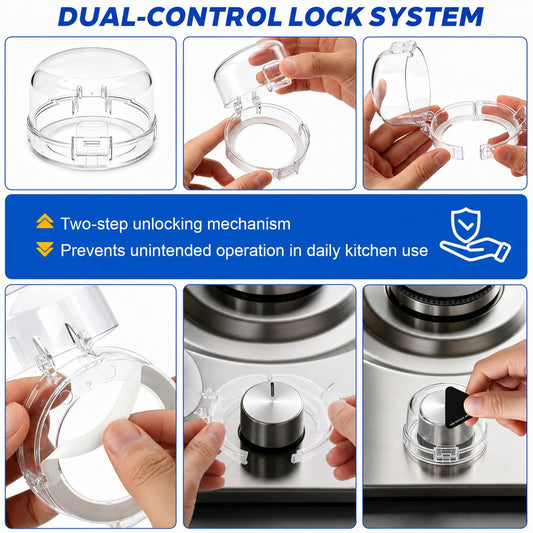 Stove Knob Safety Covers for Child (5 Pack) – Durable PC Oven Knob Covers with Dual-Button Locks & 5 Heat Alert Stickers – Childproof Gas Stove Knob Locks for Baby Safety (Transparent/White)