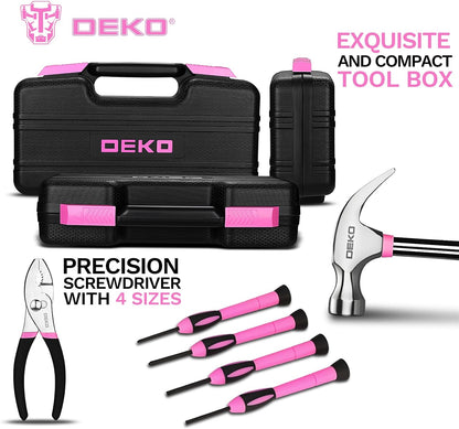 DEKOPRO 39-Piece Pink Household Tool Kit for Women, Basic Hand Tool Set with Plastic Toolbox Storage Case, Small Starter Tool Box Set for Home Repairs, DIY Projects, Crafts and Dorm Essentials