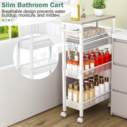 Vivihomety Utility Slim Storage Cart with Wheels, 4 Tier Small Rolling Cart with Wood Top, Metal Kitchen Bathroom Laundry Room Organization Trolley with Handle for Narrow Space – Black