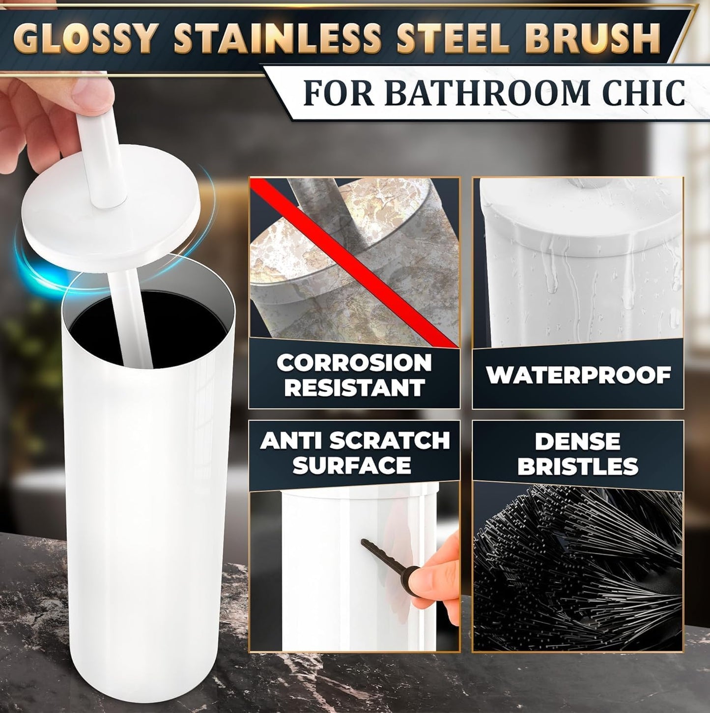 Black Toilet Brush and Holder Set - Slim Matte Design that Fits Anywhere - Stainless Steel Toilet Bowl Brush and Holder with 2 Rounded Corners, Replaceable Head, Removable Inner Bowl & Splash Guard