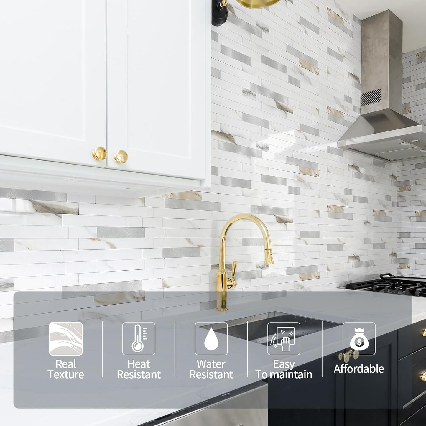 Yipscazo 2026 New Upgrade 11.34" X 11.57" Peel and Stick Backsplash, Stick on Backsplash Tiles for Kitchen, Bathroom, Fireplace (10 Sheets, Beige Rocks + Rose Gold)