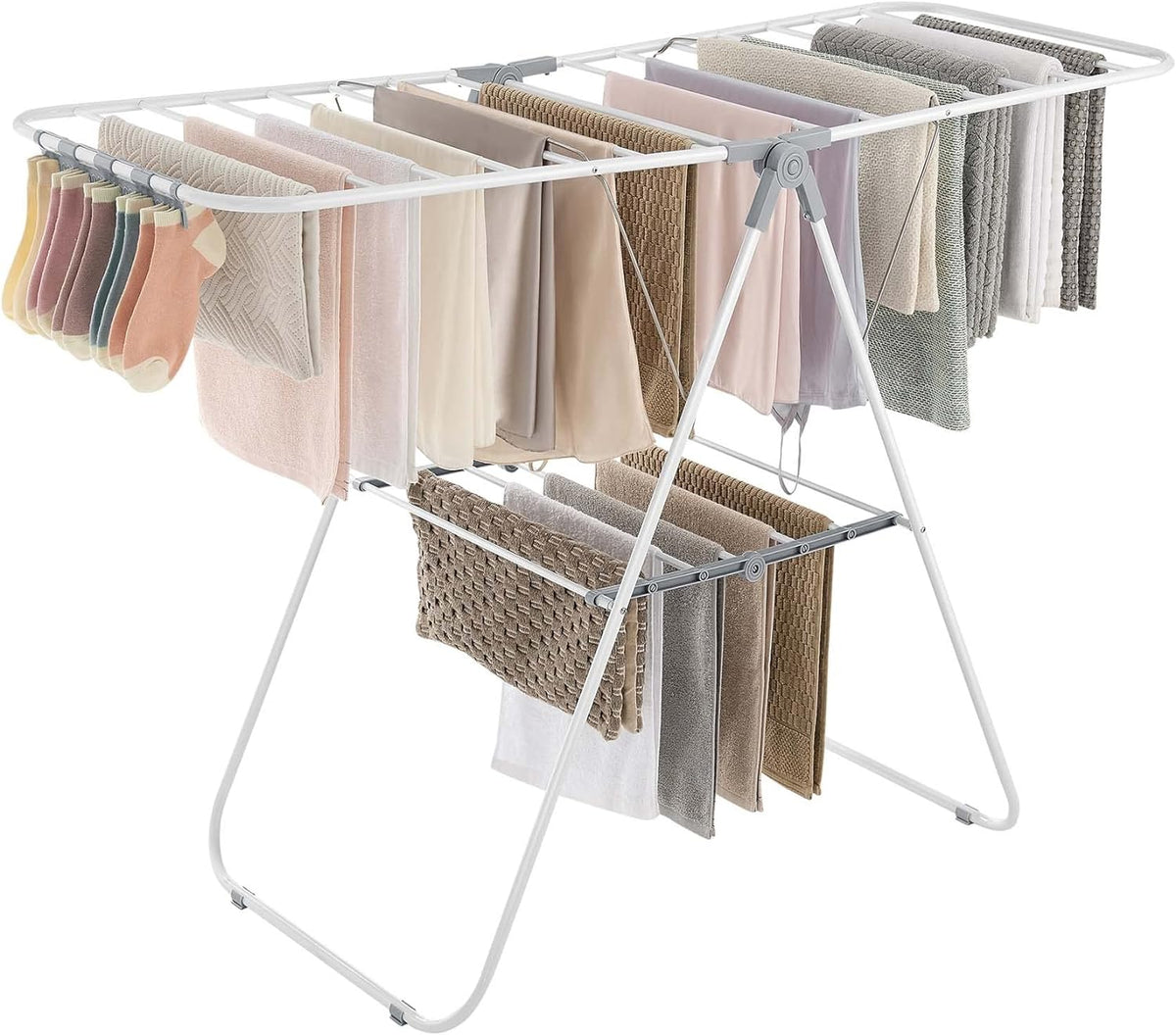 SONGMICS Clothes Drying Rack, Foldable 2-Level Laundry Drying Rack, Free-Standing Laundry Airer, with Height-Adjustable Wings, 33 Drying Rails, Sock Clips, Silver and Blue ULLR53BUV1