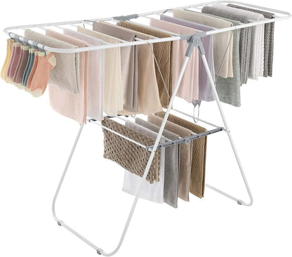SONGMICS Clothes Drying Rack, Foldable 2-Level Laundry Drying Rack, Free-Standing Laundry Airer, with Height-Adjustable Wings, 33 Drying Rails, Sock Clips, Silver and Blue ULLR53BUV1