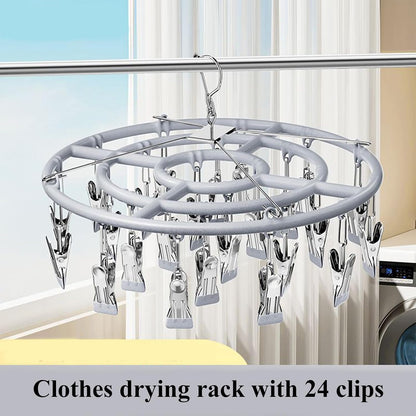 Stainless Steel Clothes Drying Rack with 24 Clips, Swivel Hook Windproof Hanger for Sock, Bras, Towel, Underwear, Laundry, Hat, Scarf, Pants, Gloves (Gray Clips)