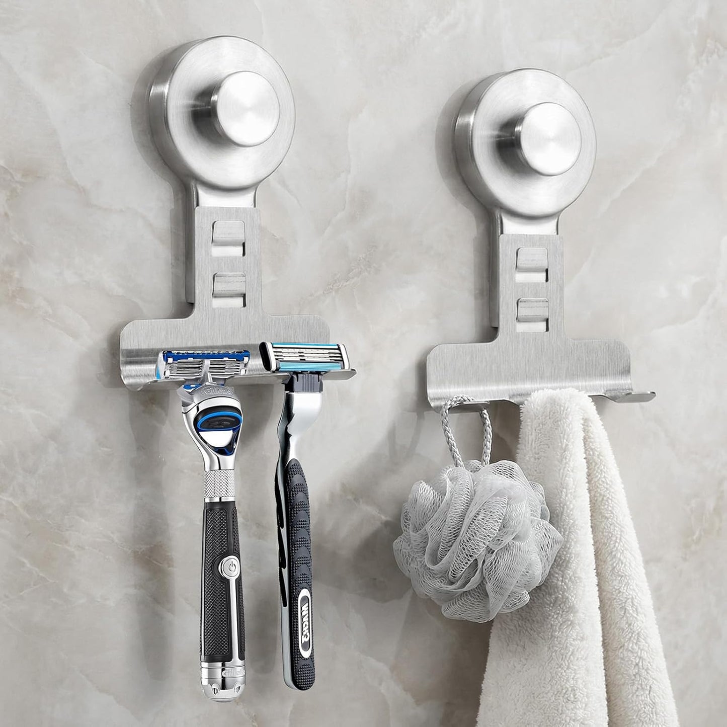 Suction Cup Razor Holder for Shower - 2 Pack | Damage-Free Wall Hooks for Towel, Loofah & Shaver | Easy Install & Reusable Suction Hooks | Stainless Steel Bathroom Organizer