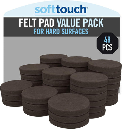 SoftTouch 1.5" Round Reusable Felt Furniture Sliders for Hard Surfaces, Noise-Reducing Adhesive Moving and Protective Pads for Cabinets, Chairs, Tables & Decorative Items Set of 48, Brown