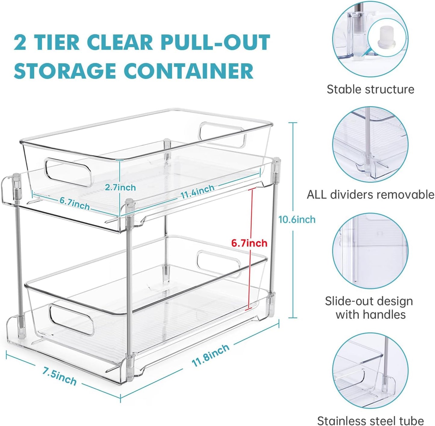2 Pack Clear Bathroom Organizers and Storage, 2 Tier Pull Out Under Sink Cabinet Organizer Plastic Drawer Organization and Storage for Bathroom and Kitchen
