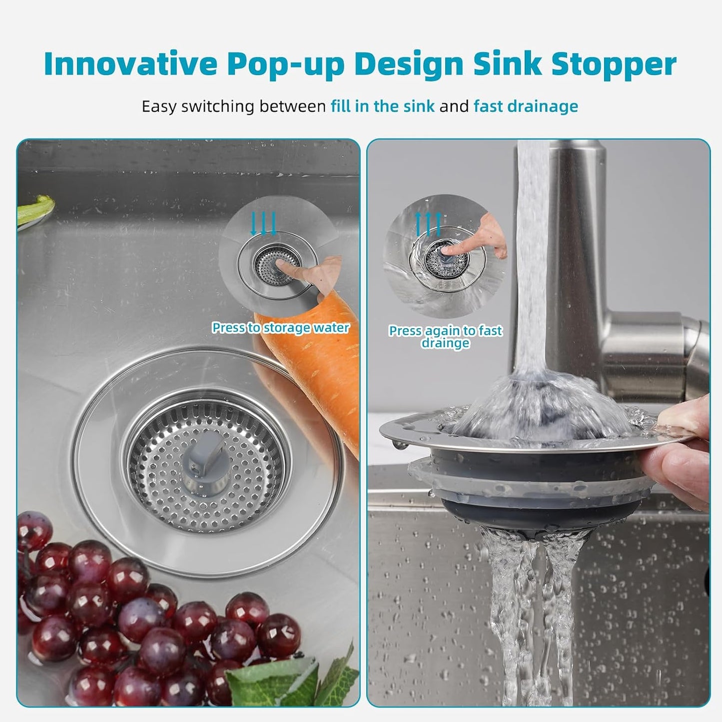 Hibbent 3 in 1 Kitchen Sink Drain Strainer, Stainless Steel Wrapped Shell Drain Stopper Combo, Pop Up Sink Stopper, 3 Anti-Clogging Basket Strainer with Foldable Handle for US Standard 3-1/2" Drain