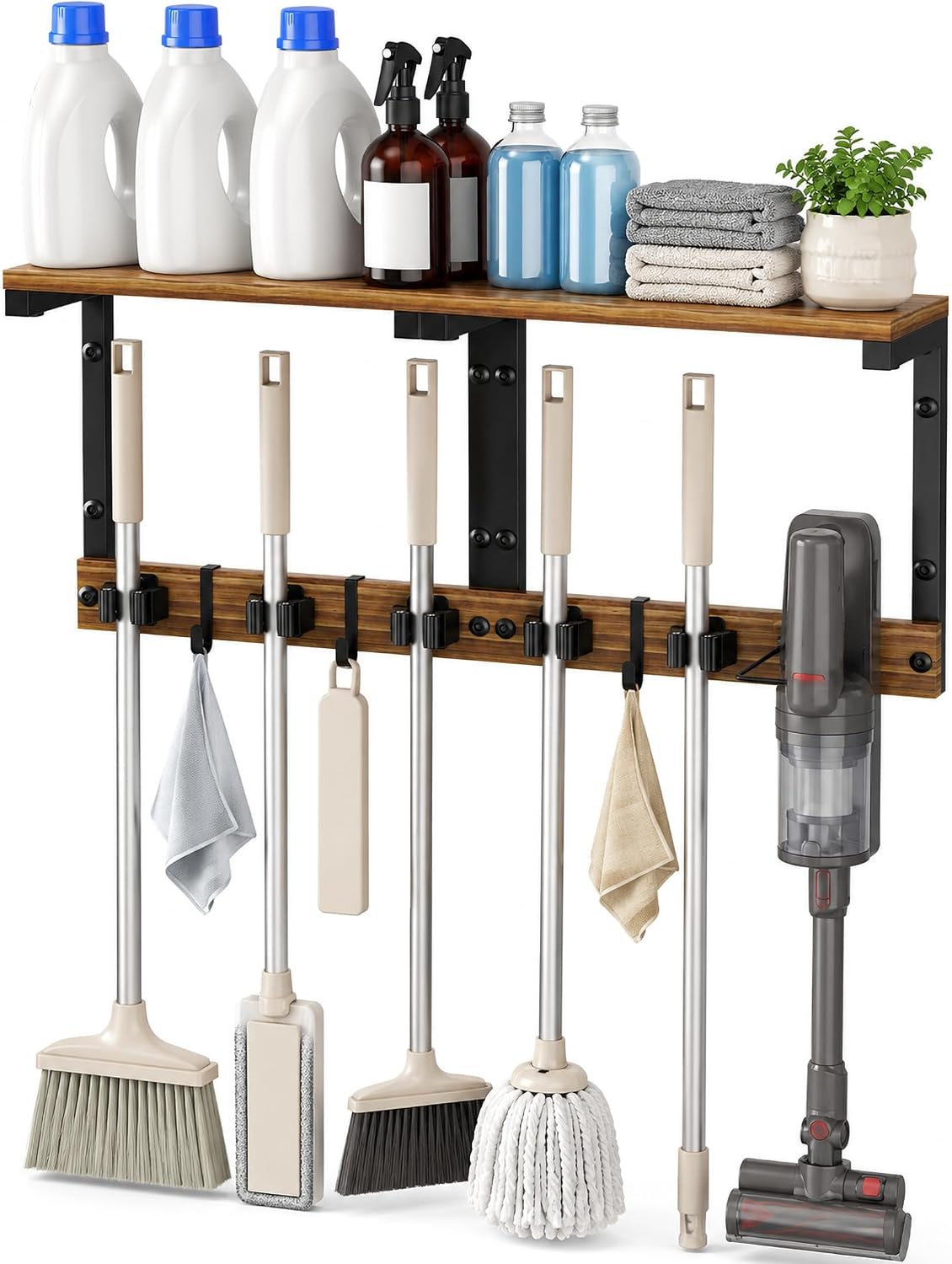 Broom and Mop Holder Wall Mount, 27" Large Organizer with Wood Shelf | Vacuum Holder, 5 Heavy-Duty Grippers, 5 Movable Metal Hooks for Laundry Room, Garage and Utility Closet Organization