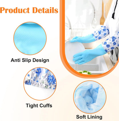 3 Pairs Dishwashing Cleaning Gloves, Reusable Kitchen Long Rubber Gloves with Cotton Lined, Waterproof Non-Slip Latex-Free Household Glove for Laundry Cleaning Working Gardening (Flower)
