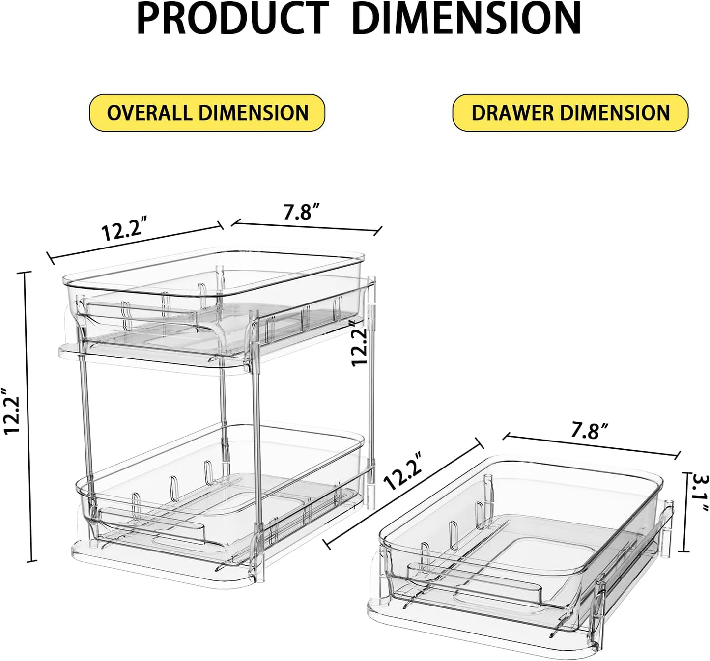 2 Tier Bathroom Storage Organizer, 2 Pack Clear Under Sink Organizers, Cabinet Drawer Bins for Vanity Counter, Kitchen, Pantry