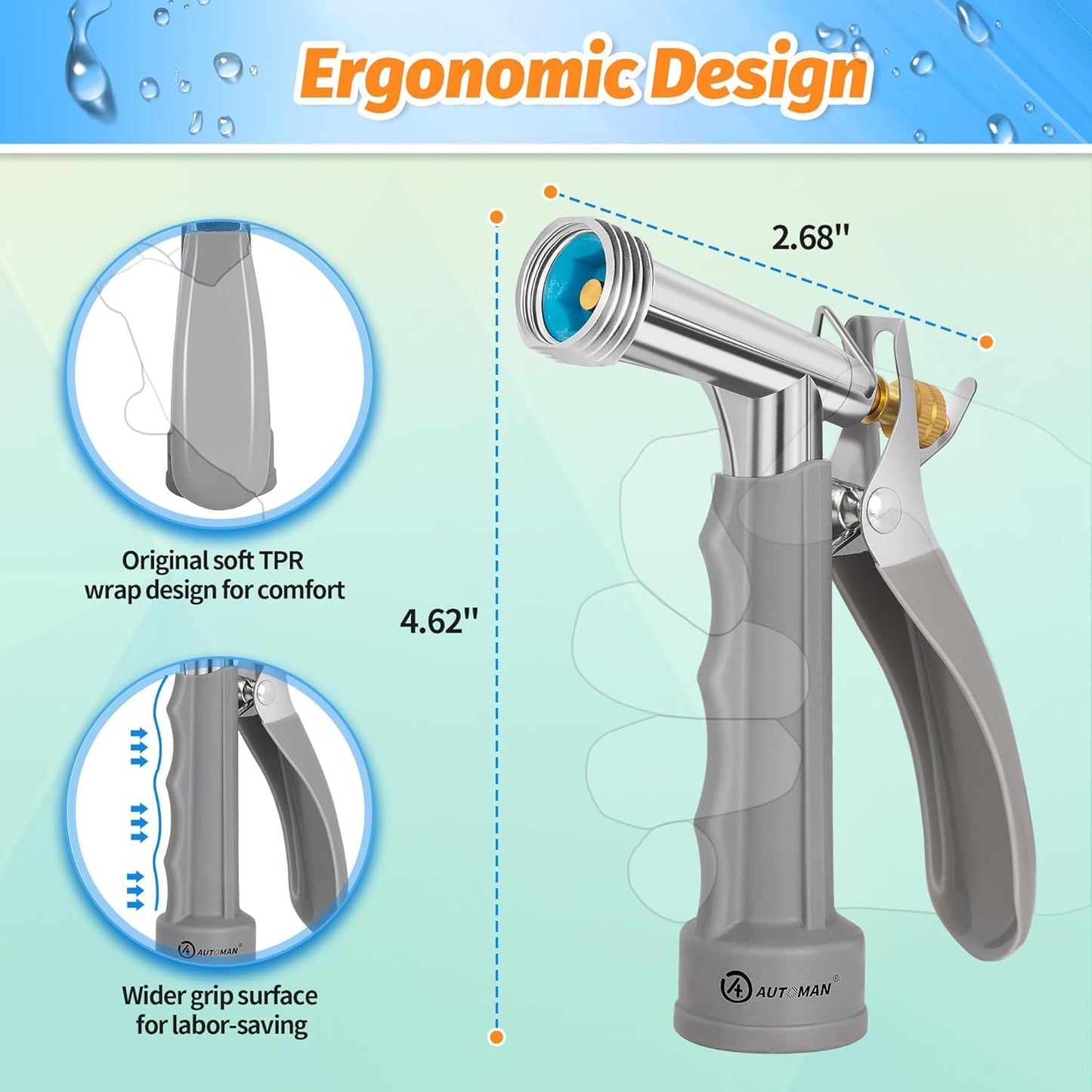 AUTOMAN Full Size Garden Hose Nozzle 2 Pack, High Pressure Pistol Grip Water Nozzle Sprayer with Threaded Front, Adjustable Spray Water Flow for Washing Car, Cleaning Ground, Watering Plants