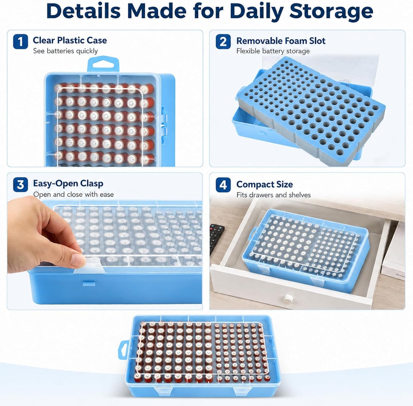 Xuerdon Battery Organizer Case with BT168 Tester 120+ Batteries Storage Box | Clear Plastic Battery Box Holds 49AA 51AAA 10CR2032 10CR1632 Batteries, Wall Mount Drawer Organizer Batteries not Included