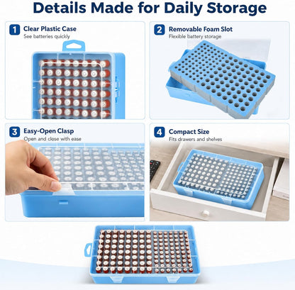 Xuerdon Battery Organizer Case with BT168 Tester 120+ Batteries Storage Box | Clear Plastic Battery Box Holds 49AA 51AAA 10CR2032 10CR1632 Batteries, Wall Mount Drawer Organizer Batteries not Included