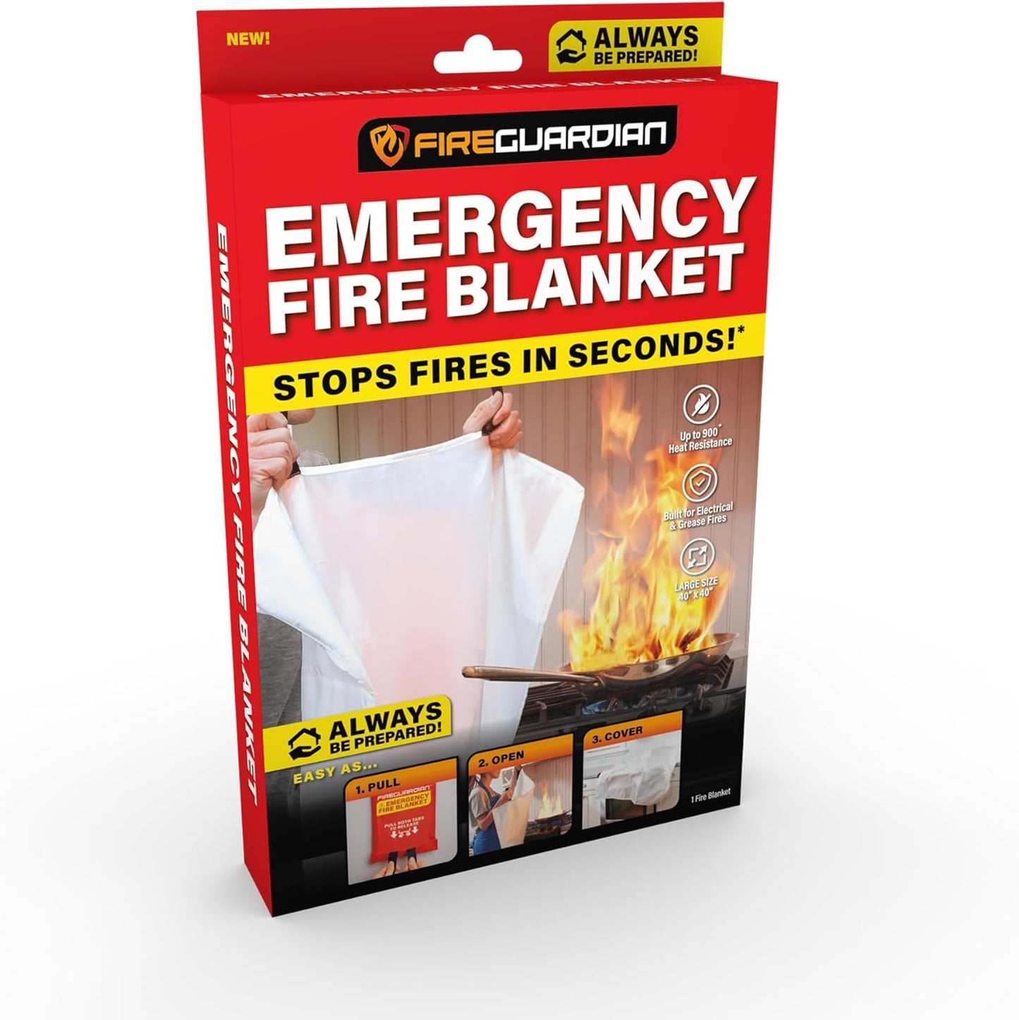 Fire Guardian Emergency Fire Blanket for Small Area Fires, 40" x 40" Woven Fiberglass Emergency Blanket, Provides up to 900°F Heat Resistance, Suitable for Small Area Home & Kitchen Fires