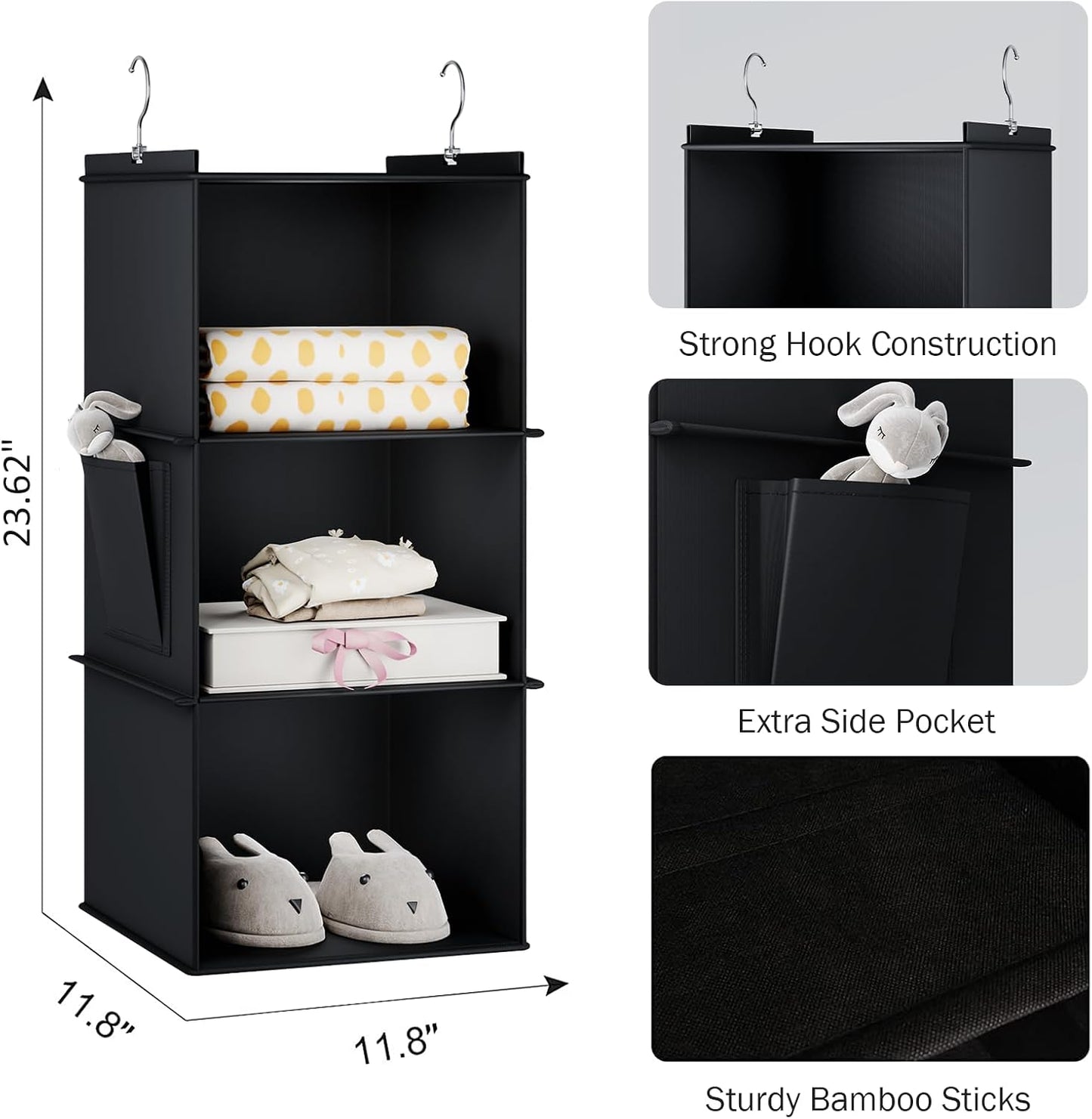 YOUDENOVA Hanging Closet Organizer, 4-Shelf Closet Hanging Storage Shelves, Grey