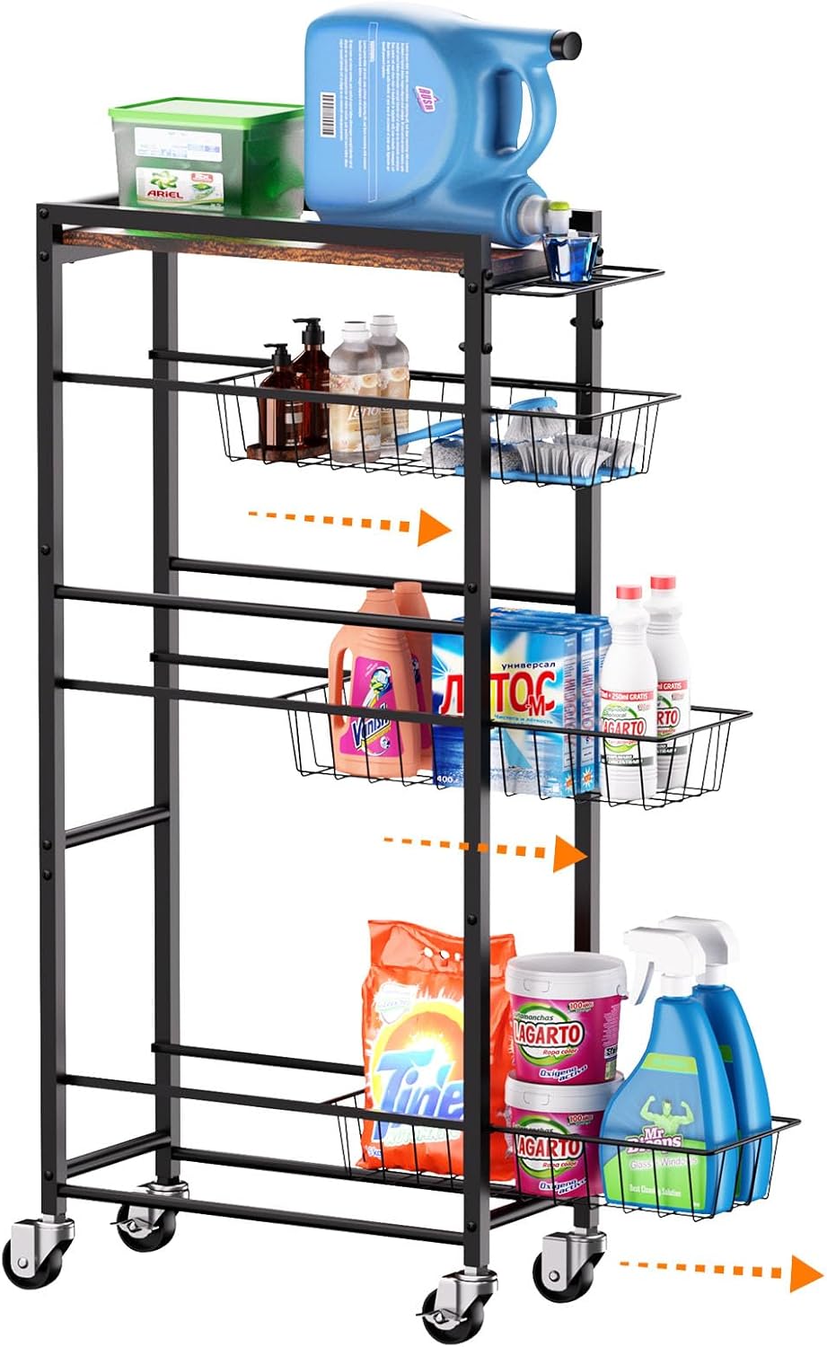4 Tier Slim Rolling Storage Cart with Pull-Out Baskets, Narrow Sliding Storage Slim Laundry Cart Slim Rolling Kitchen Cart