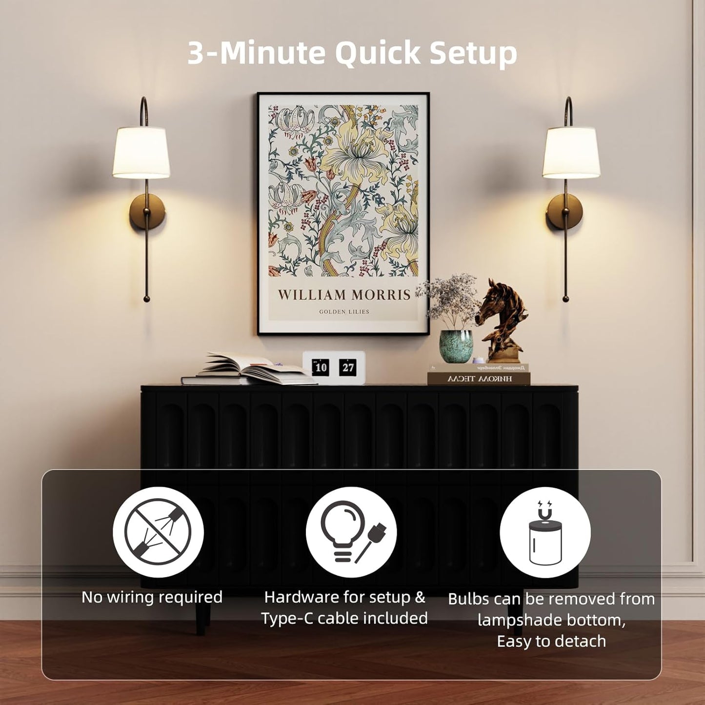 Battery Operated Wall Sconce Set of 2, Rechargeable Wireless Wall Decor Sconces, Two Battery Powered Wall Lights, Dimmable Magnetic RGB Bulbs & Remote, Lamp for Living Room Bedroom - Gold