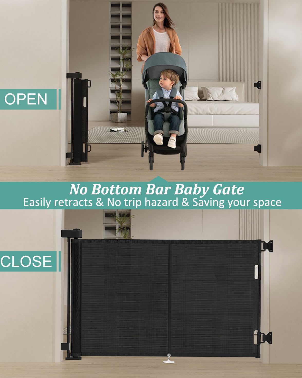 Miumoon 50 inch Retractable Baby Gates 34 inch Tall, Retractable Gate with Reinforced Strip Design to Prevent Crawling Through, Retractable Dog Gate for Stairs, Doorways, Hallways