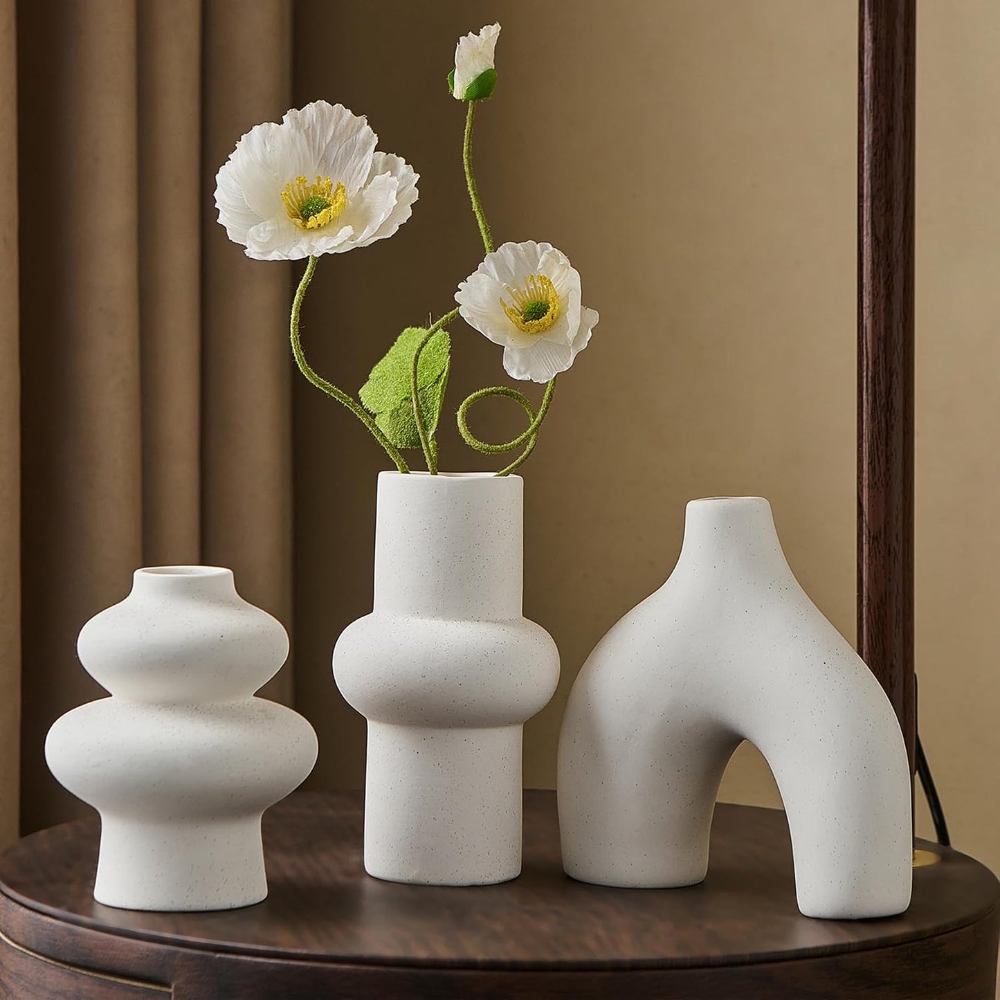 White Ceramic Vase Set of 3, Small Flower Vases for Pampas Grass, Modern Boho Vase for Decor, Round White Vases Centerpieces for Wedding Living Room Bedroom Coffee Table Dinner Table