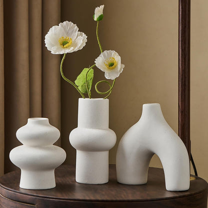 White Ceramic Vase Set of 3, Small Flower Vases for Pampas Grass, Modern Boho Vase for Decor, Round White Vases Centerpieces for Wedding Living Room Bedroom Coffee Table Dinner Table