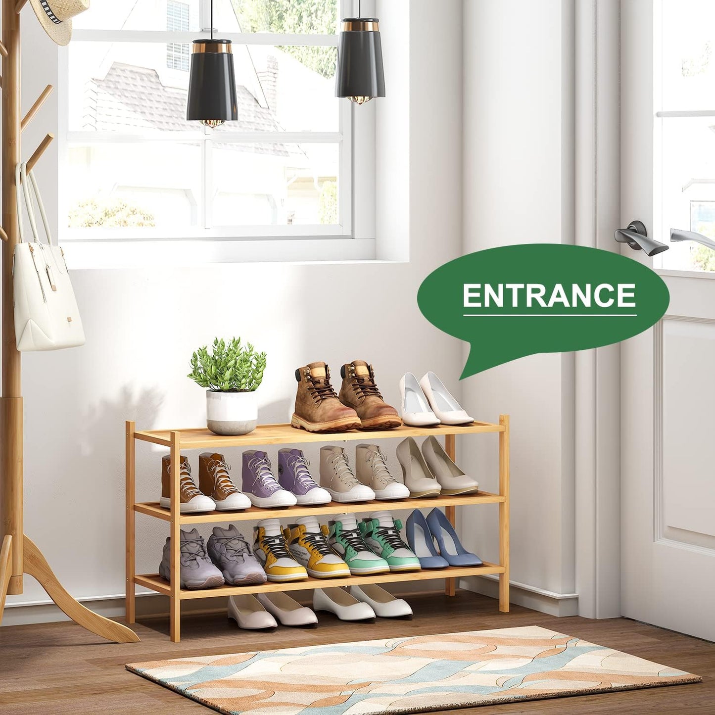 kiplant Small Shoe Rack, 4-Tier Bamboo Wood Shoe Rack for Entryway, Stackable Shoe Organizer for Hallway Closet, Free Standing Shoe Racks for Indoor & Outdoor