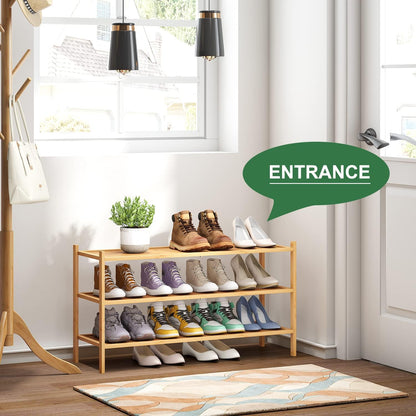 kiplant Small Shoe Rack, 4-Tier Bamboo Wood Shoe Rack for Entryway, Stackable Shoe Organizer for Hallway Closet, Free Standing Shoe Racks for Indoor & Outdoor
