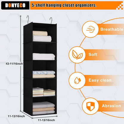 Hanging Closet Organizer 3-Shelf, Oxford Fabric Wardrobe Storage, Gray | Easy-mount foldable design holds clothes, handbags, shoes & accessories; washable Oxford fabric, sturdy and space-saving.