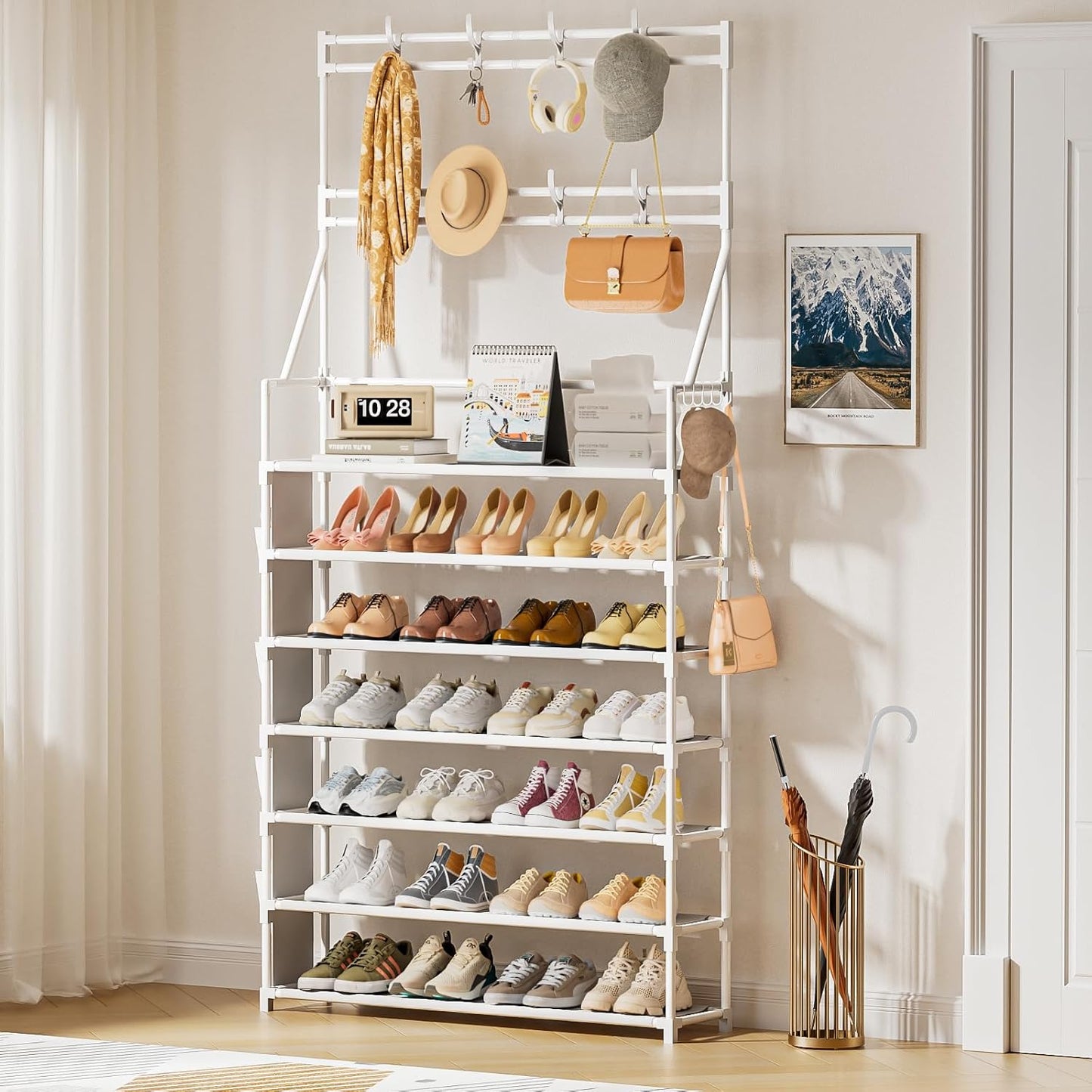 OYREL Shoe Rack, 5 Tier Shoes Storage Organizer, with Functional Hooks and Side Pocket, 20-25 Pairs, for Closet/Entrance/Entryway, Sneaker and Boot Stackable Free Standing Shoe Rack