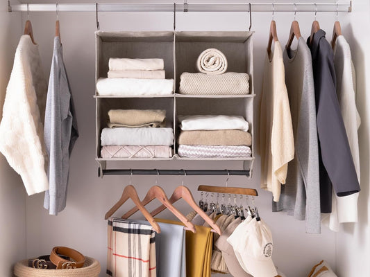 StorageWorks Hanging Closet Organizer with Metal Rod, 4-Section Closet Organizers and Storage, Collapsible Hanging Shelves for Baby Clothes, Shoes, Sweater Storage, Ivory and White