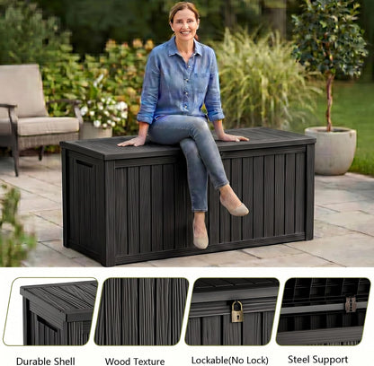 Waterproof Outdoor Storage Box Outside Deck Box Lockable Resin Bench UV Resistant Furniture Cushion Pool Tool Float Bin Patio Garden Porch (Black, 120 Gallon)