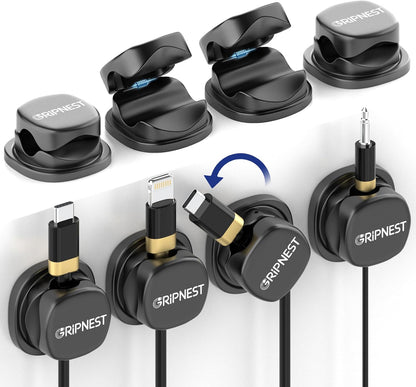 Never-Lose 1s Lock Spring Cable Solution – Rotatable Cable Clips, Strong Adhesive Cord Organizer & Wire Holder for Desk, Car & Nightstand, Secure Cable Management, 8 Pack (Black)