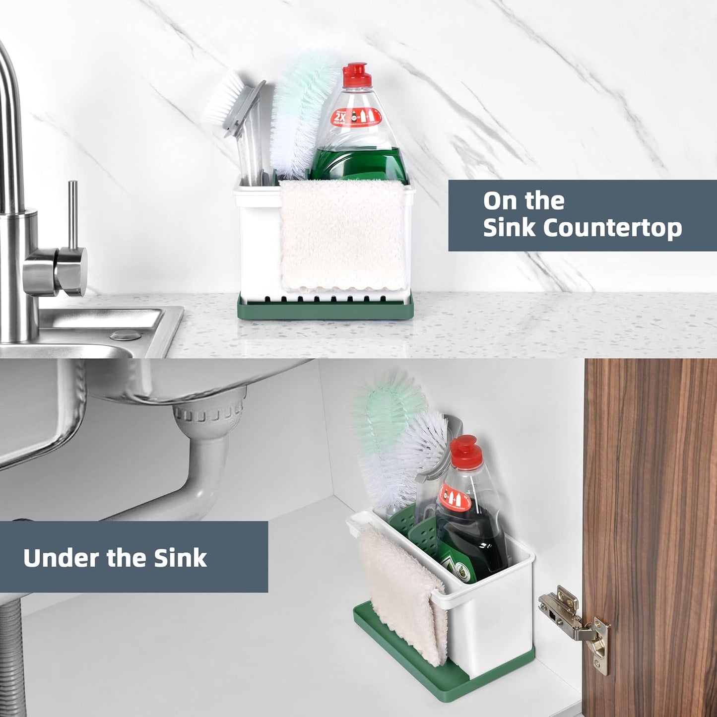 JOMOLA Kitchen Sink Organizer Dish Brush Sponge Holder Caddy Toothbrush Holders for Bathrooms Sinkware Kitchen Utensil Holder Sink Caddy Organizer with 4 Separate Dividers Removable Drain Tray (Grey)