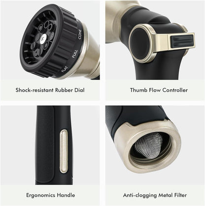 RESTMO Water Hose Nozzle Heavy Duty, Adjustable Hose Sprayer Thumb Control | Premium Zinc Alloy, 8 Adjustable Spray Patterns, Flow Control, TPR Rubberized, Ideal for Plants & Lawns, Cars & Pets, Black