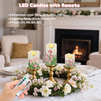 Flameless Candles Lights, Set of 3 Flickering LED Candles with Remote & Timer, Dimmable Electric Pillar Candles Battery Operated, Green Candles for Home St. Patrick’s Day Christmas Decor (Green)