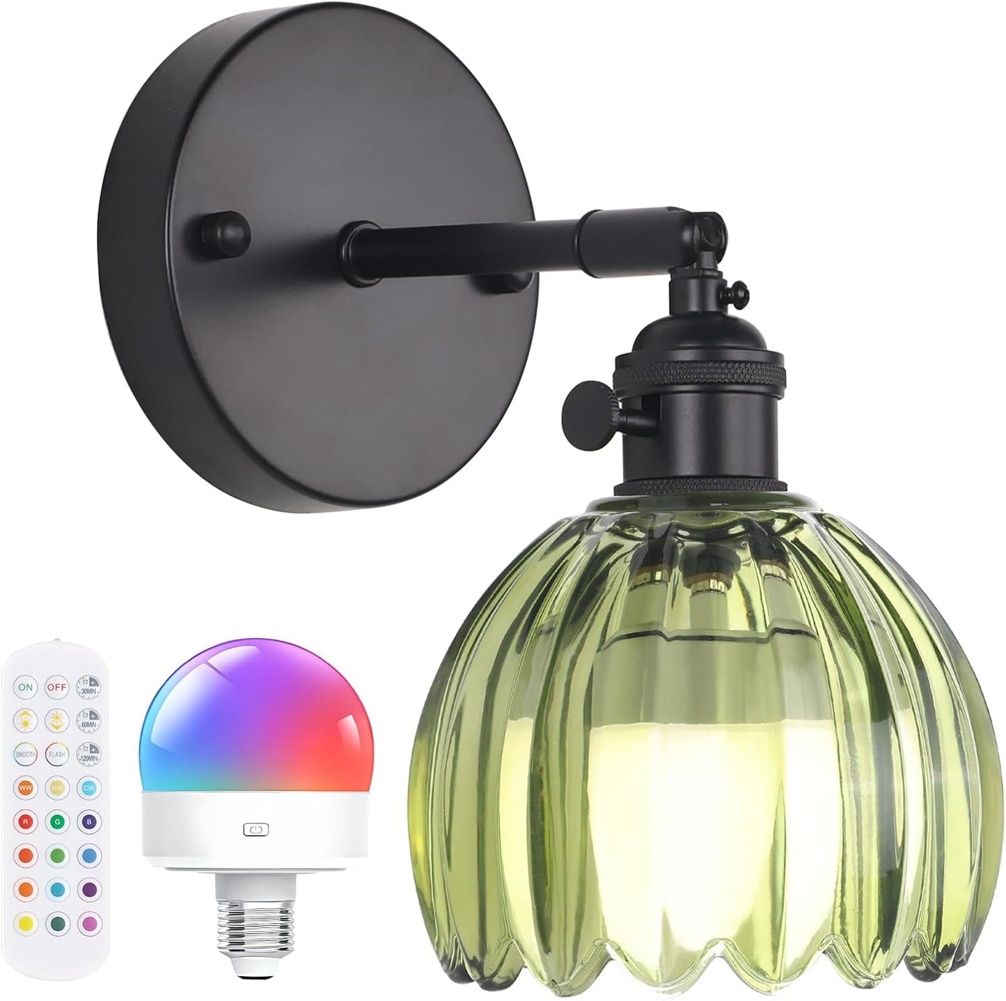 Shenmoyl Vintage Battery Operated Wall Sconce with Transparent Tulip Glass Lampshade Rechargeable Battery Powered Wall Light with Remote Control for Bedside Bedroom Doorway, Set of 2