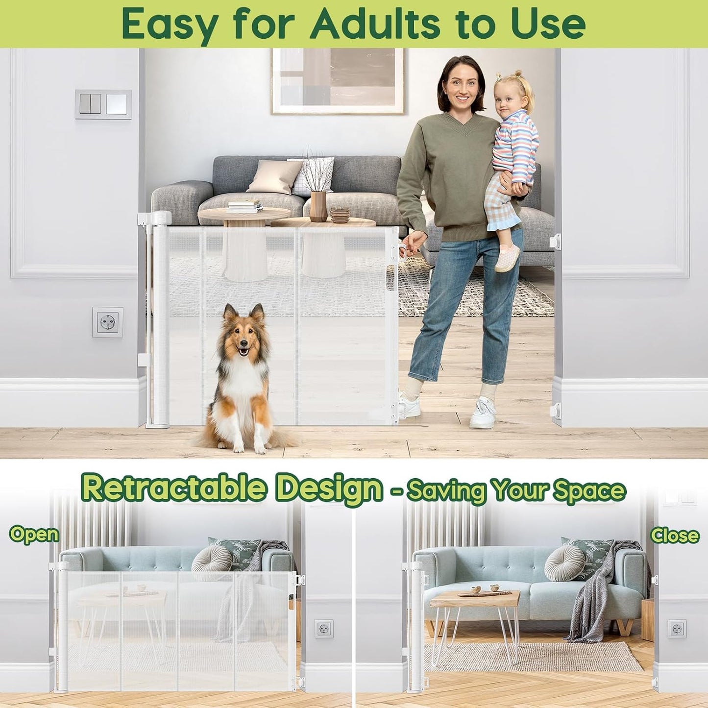 Reinforced 55" Wide Retractable Baby Gates with Reinforced Strips, Indoor/Outdoor Retractable Dog Gate for Doorway Prevent Bottom Drilling Through, No Bottom Bar Safety Mesh Baby Gate for Stair, Black