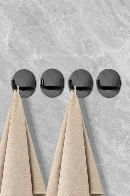 4 Pcs Stainless Steel Adhesive Hooks, Heavy Duty Waterproof in Shower Hook for Hanging Loofah, Towels, Clothes, Robes for Bathroom Removable Adhesive Wall Door Hangers, Black