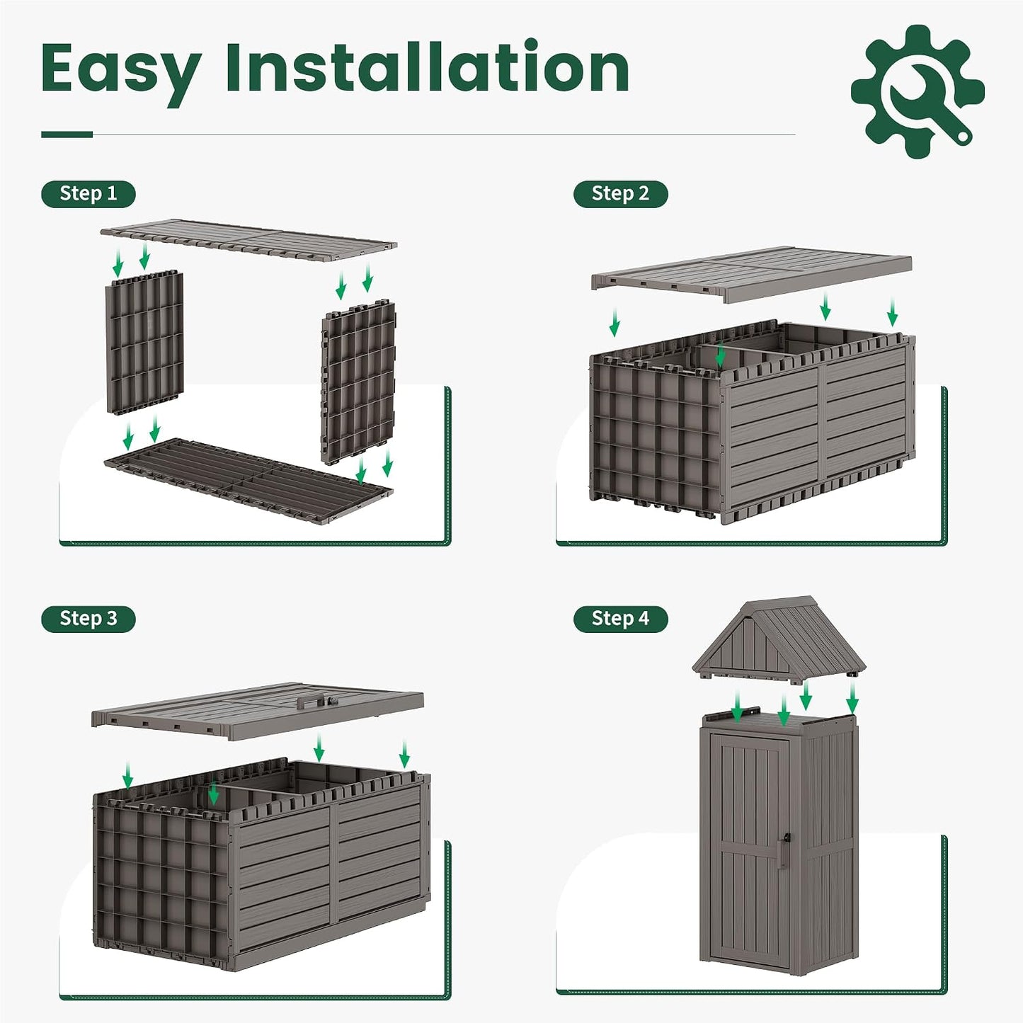 Bifanuo Deck Box Storage Shed Outdoor Storage Cabinet, Vertical Waterproof Resin Material Plastic Shed with Removable Shelves, 12 Hooks and Lock Ring for Garden, Pool and Patio (Classic Black)