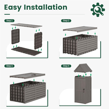 Bifanuo Deck Box Storage Shed Outdoor Storage Cabinet, Vertical Waterproof Resin Material Plastic Shed with Removable Shelves, 12 Hooks and Lock Ring for Garden, Pool and Patio (Classic Black)