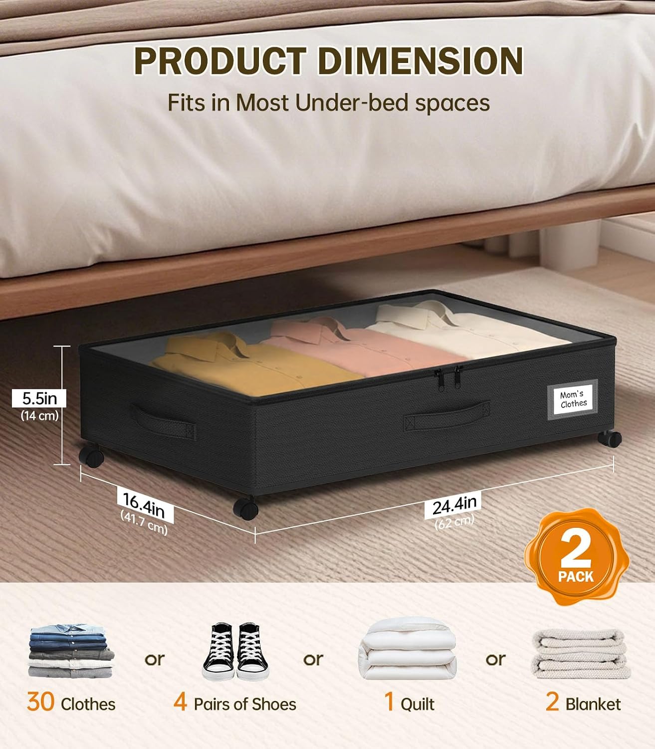 Under Bed Storage with Wheels, 10 inches Under Bed Storage Containers, 65L XXL Large Adjustable Underbed with Lids, Rolling Underbed Storage bins for Shoes, Clothes, Blankets, White