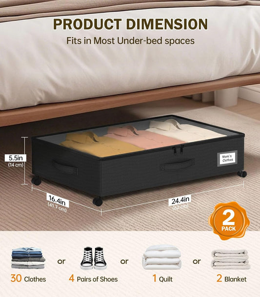 Under Bed Storage with Wheels, 10 inches Under Bed Storage Containers, 65L XXL Large Adjustable Underbed with Lids, Rolling Underbed Storage bins for Shoes, Clothes, Blankets, White