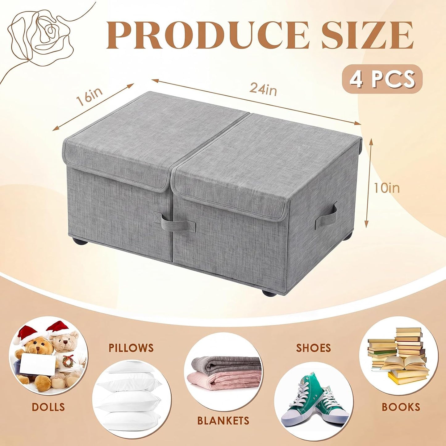 Geelin 4 Pack Under Bed Storage with Wheels, 10 Inch Height 65L Large Capacity Foldable Underbed Storage Bins with Lids & Handles, Easy Assembly Rolling Under Bed Containers for Clothes Blankets Shoes